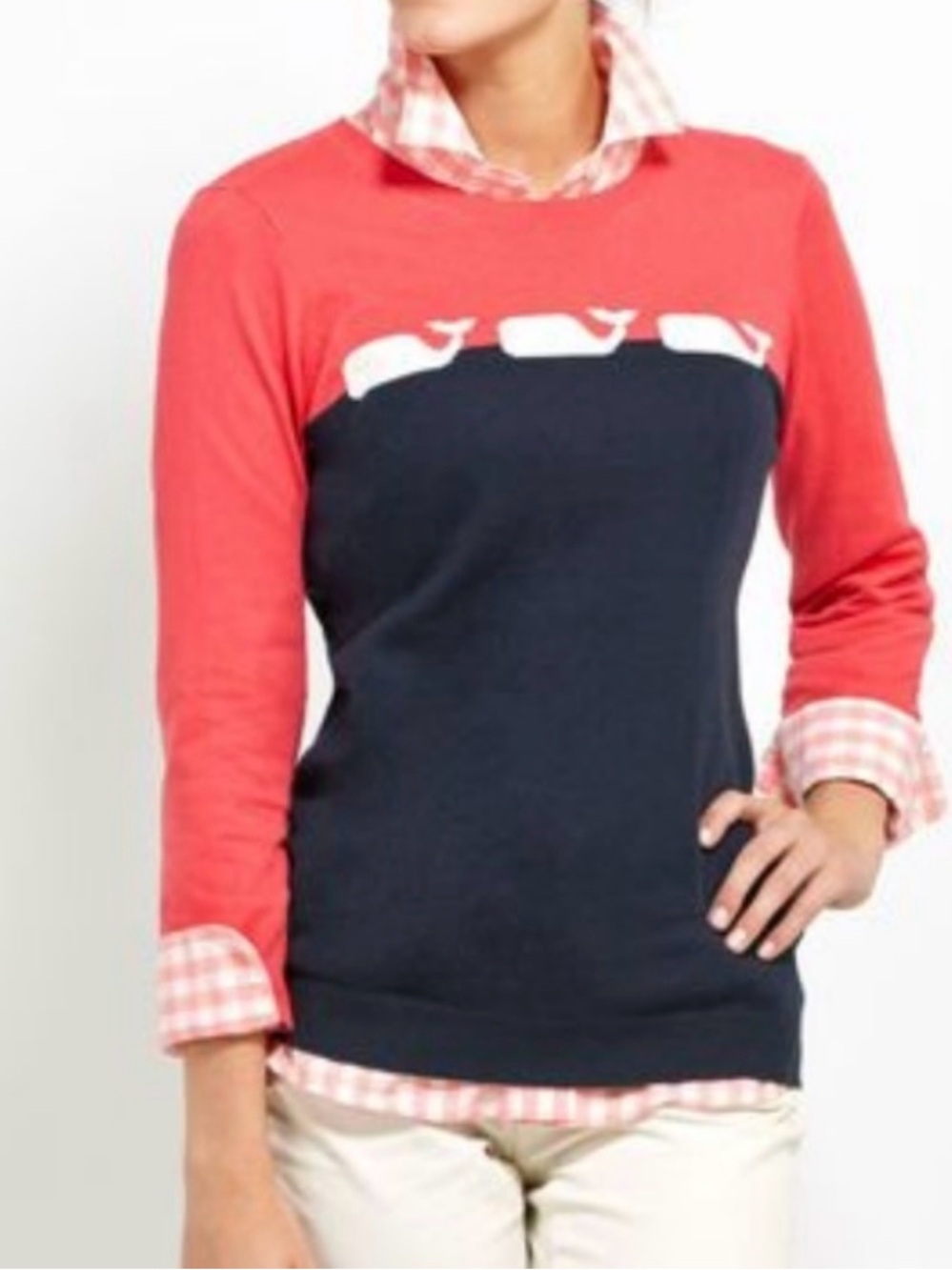 Vineyard Vines Coral/navy color block Crewneck Whale sweater cashmere